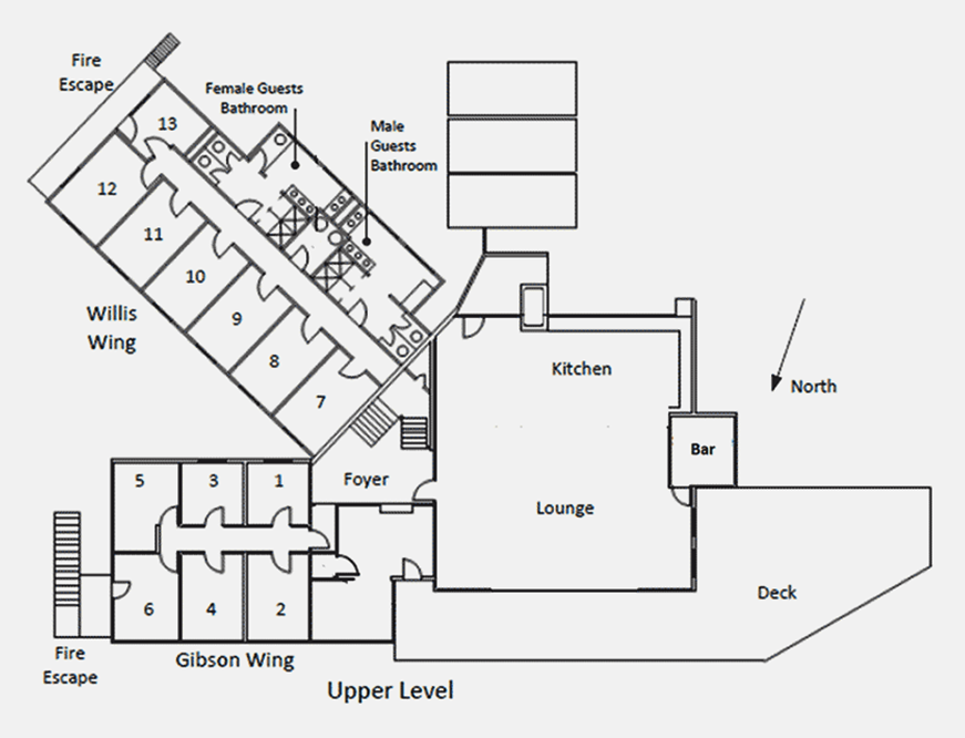Snowline Lodge upper level floor plan showing rooms, bathrooms, lounge, kitchen and deck