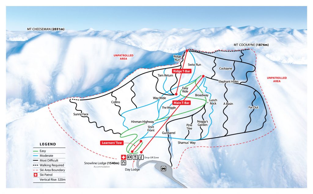 Mt Cheeseman trail map, a ski field near Christchurch in Canterbury NZ